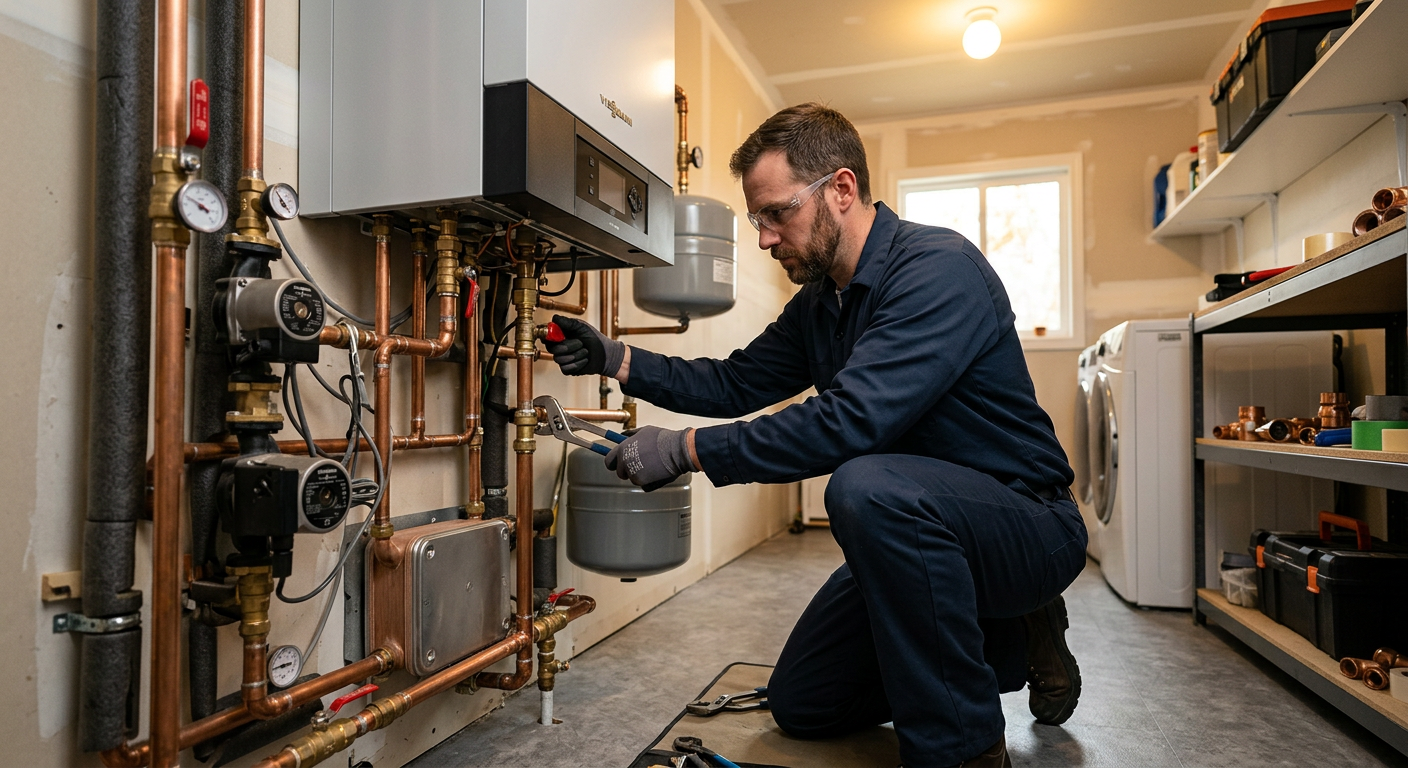 Monteur installeert een moderne verwarmingsinstallatie in een woning